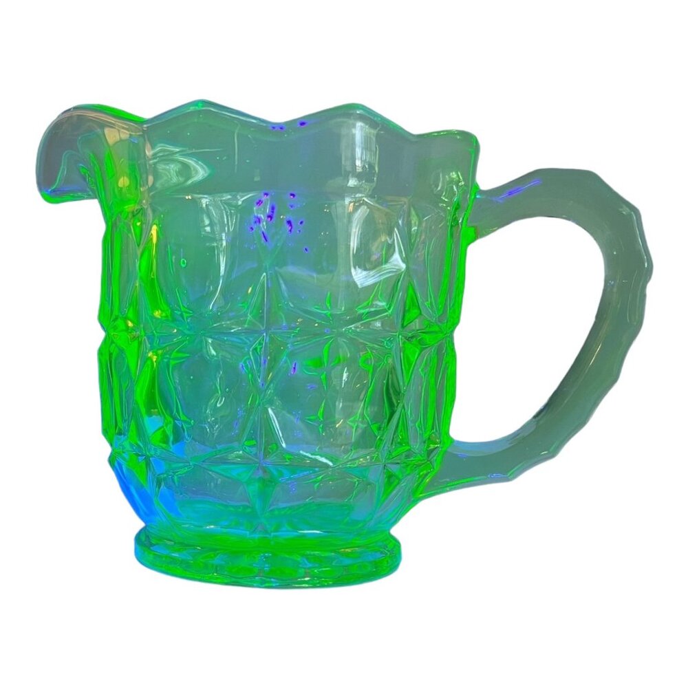 Vintage Uranium Glass Cream Pitcher With Scalloped Rim, Diamond Pattern 5.5” T